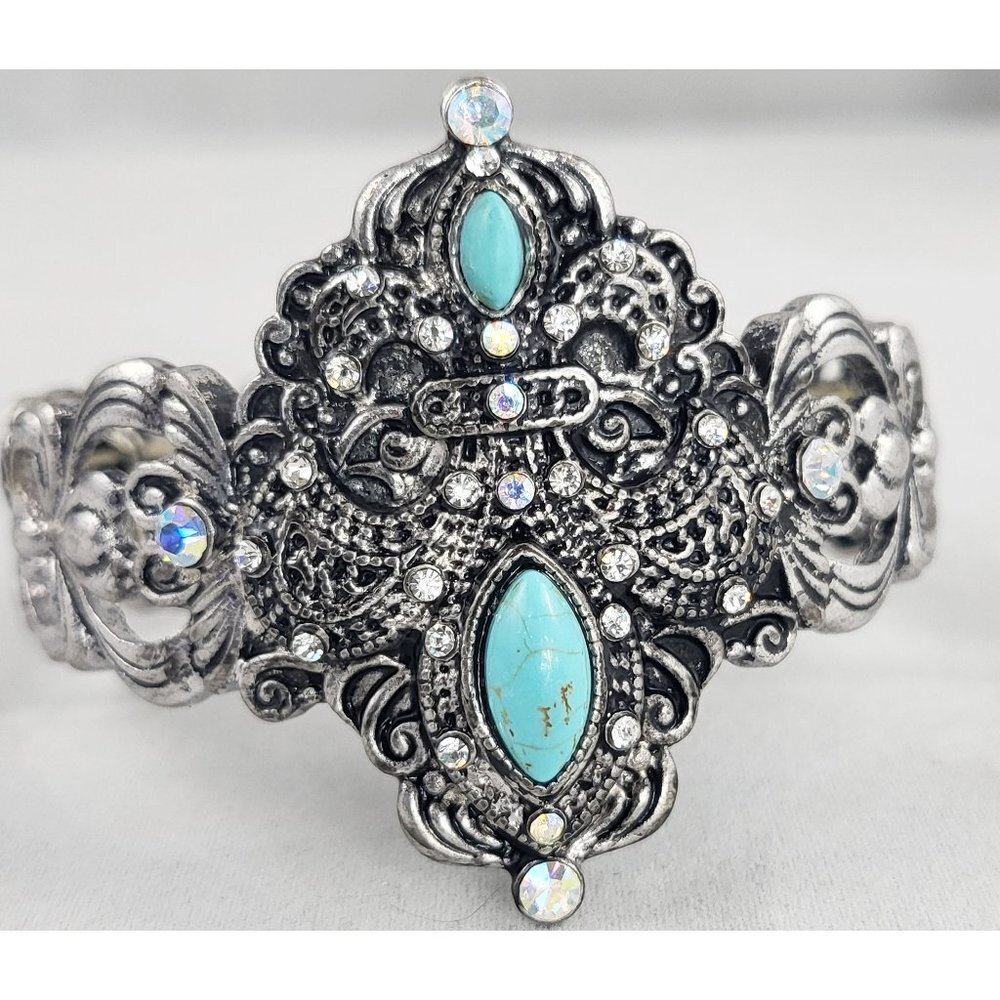 Silver Tone Fleur de Lis Stretch Bracelet with Faux Turquoise & Crystals